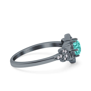 Halo Cluster Floral Wedding Ring Round Black Tone, Simulated Paraiba Tourmaline CZ 925 Sterling Silver